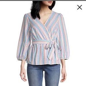 3/$30 NWOT St. John’s Bay Multi Stripe V Neck 3/4 Sleeve Blouse Tie Waist Sz S